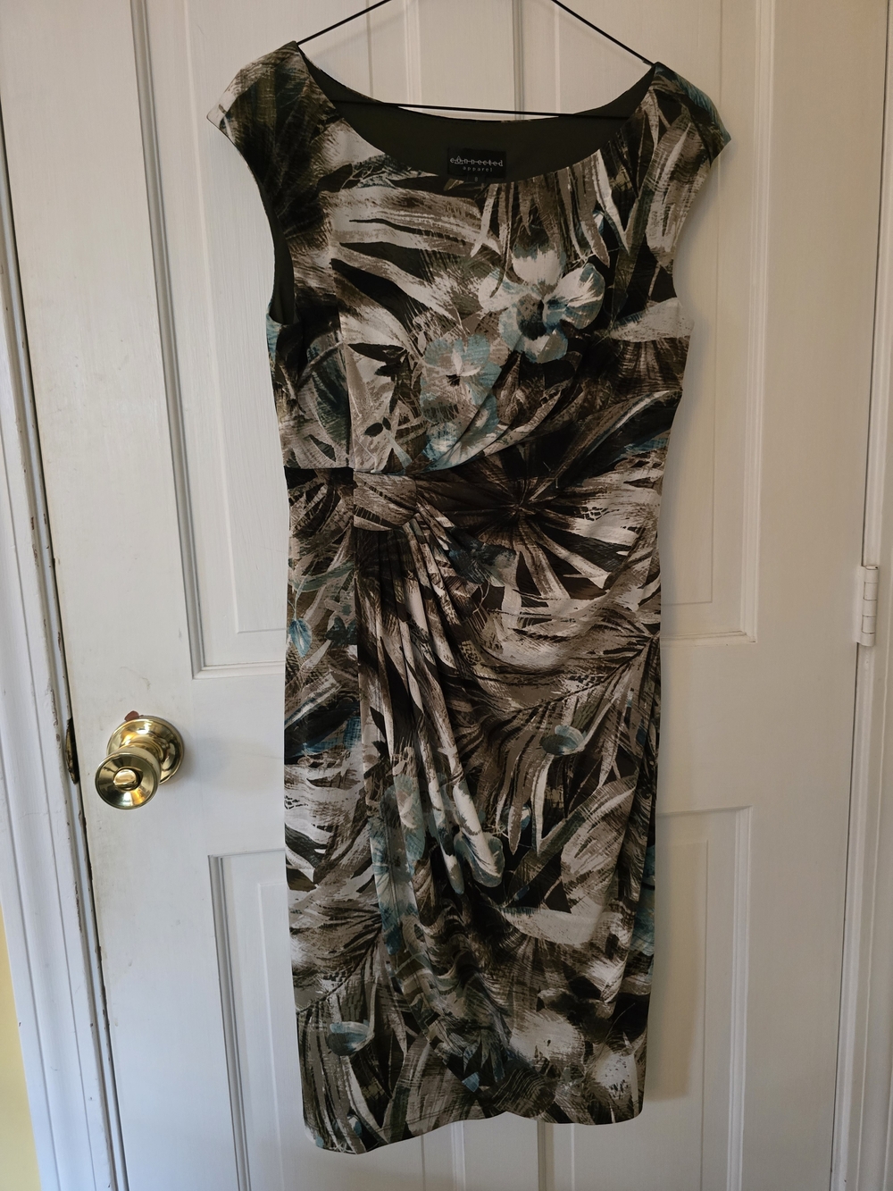connected apparel Black, Teal and White Abstract Floral Midi Dress Size 8